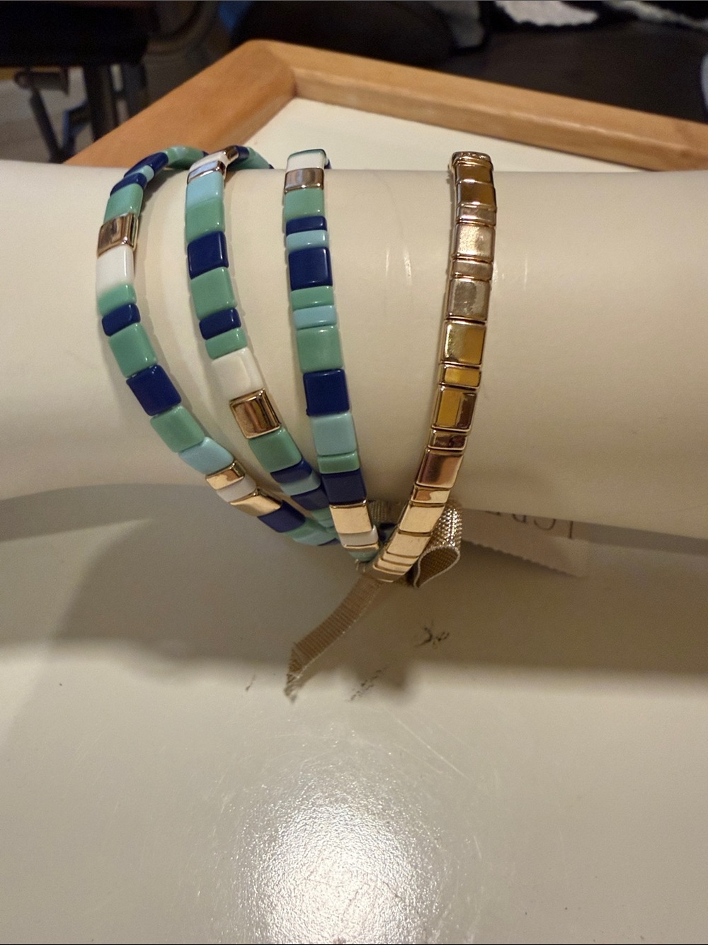 J. Crew Factory Blue, Mint & White Tile Stretch Bracelet Set